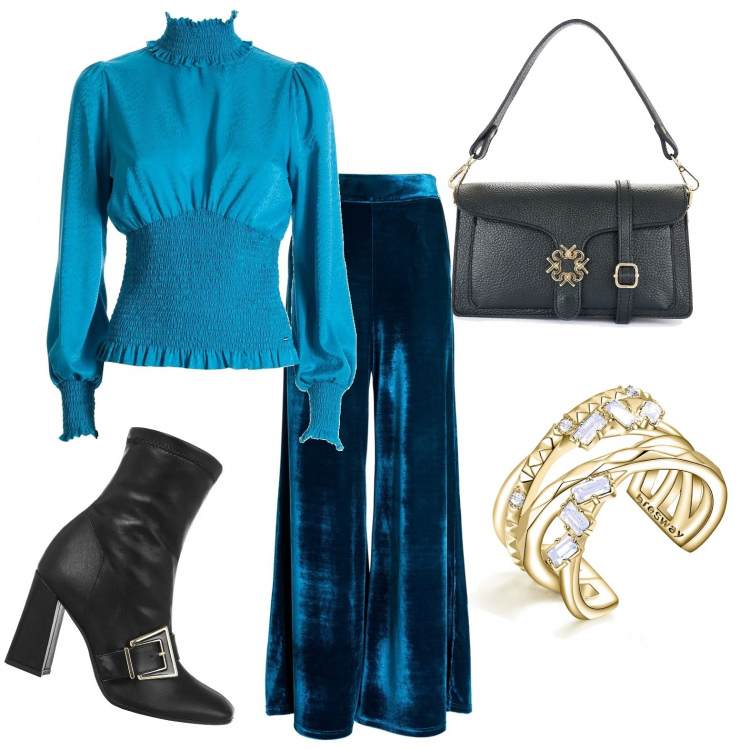 Outfit donna - Blu cangiante per la black week. Stile Chic per Serata fuori. Abbinamento con stivaletti, borse a spalla, pantaloni a palazzo, bluse, anelli.