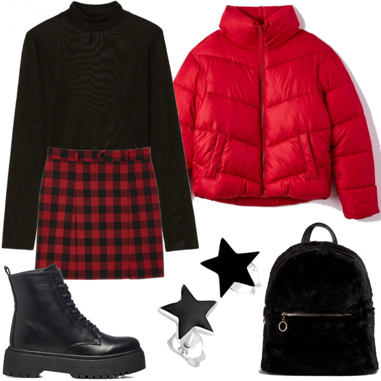 Outfit donna - Scozzese rock. Stile Casual per Tutti i giorni. Abbinamento con minigonne, cappotti, zaini, camicie, anfibi, orecchini.