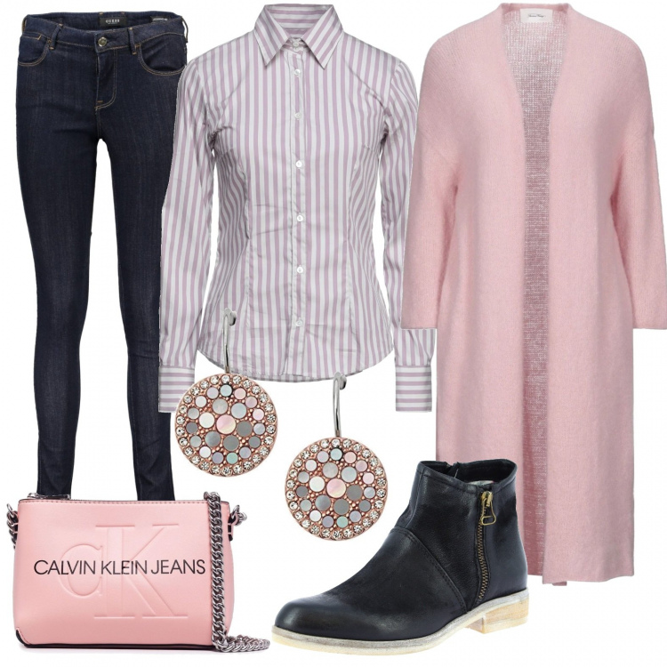 Outfit donna - Rosa d\'inverno. Stile Casual chic per Ufficio. Abbinamento con cardigans, camicie, stivaletti, borse a tracolla, orecchini, jeans.