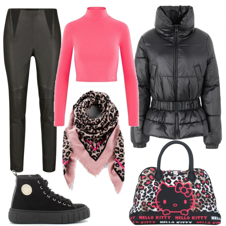 Outfit donna - Le sneakers alla moda. Stile Urban per Tutti i giorni. Abbinamento con foulard, pantaloni, piumini, borse a mano, sneakers, maglieria.