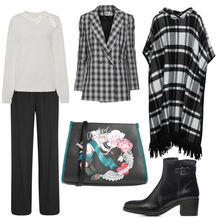 Outfit donna - Trendy, apericena con le amiche. Stile Trendy per Tutti i giorni. Abbinamento con pantaloni, maglieria, borse a mano, cappe, blazer, stivaletti.