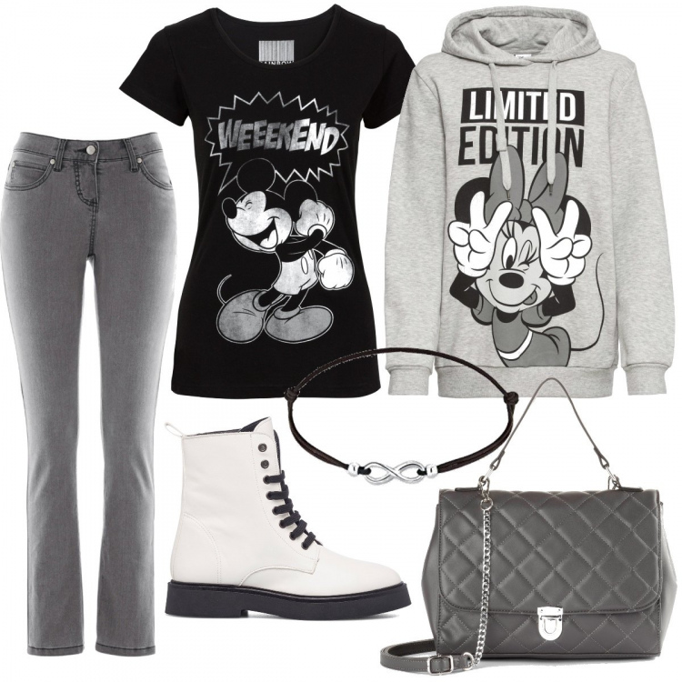 Outfit donna - Disney for you. Stile Basic per Scuola/Università. Abbinamento con jeans slim fit, t-shirt, felpe con cappuccio, borse a tracolla, anfibi, braccialetti.