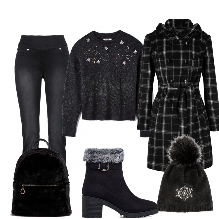 Outfit donna - Total look #1203504. Stile Casual per Tutti i giorni. Abbinamento con jeans, cappotti, berretti, maglieria, zaini, stivaletti.