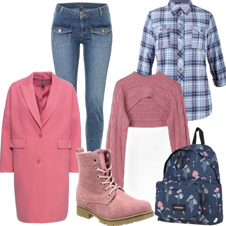 Outfit donna - Comodo casual. Stile Casual per Scuola/Università. Abbinamento con camicie, jeans skinny, cappotti, zaini, bolero, stivali.