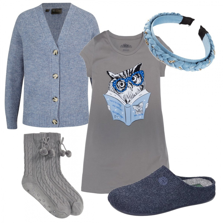 Outfit donna - Relax in grigio & blu. Stile Basic per Tutti i giorni. Abbinamento con camicie da notte, maglieria, calzini, cerchietti, ciabatte.