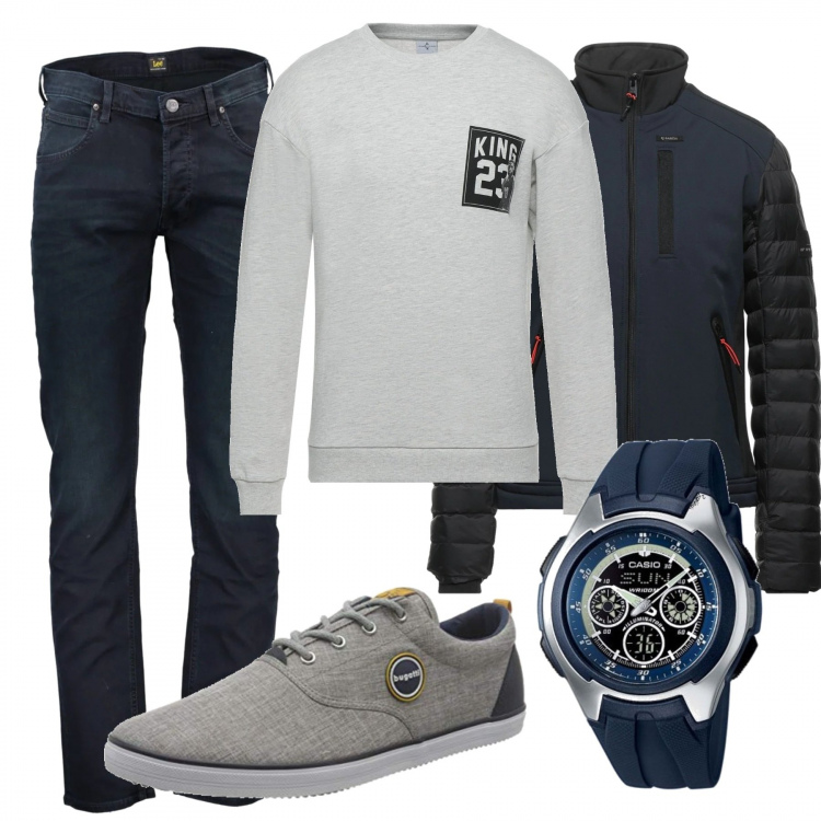 Outfit uomo - Casual #28936. Stile Casual per Tutti i giorni. Abbinamento con piumini, felpe, orologi, jeans dritti, sneakers.