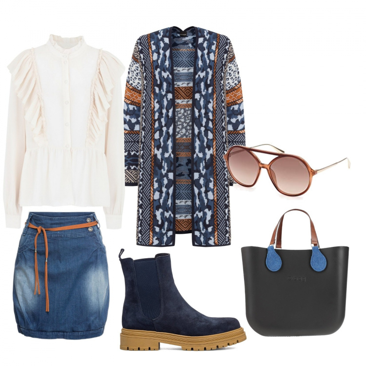 Outfit donna - Porto i bambini a scuola. Stile Casual per Tutti i giorni. Abbinamento con minigonne, cardigans, camicie, borse a mano, stivaletti, occhiali da sole.