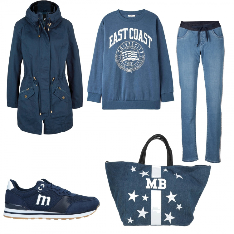 Outfit donna - Curvy in blu sportivo e a sconto. Stile Sporty chic per Tutti i giorni. Abbinamento con parka, jeans, sneakers, borse a mano, felpe con cappuccio.
