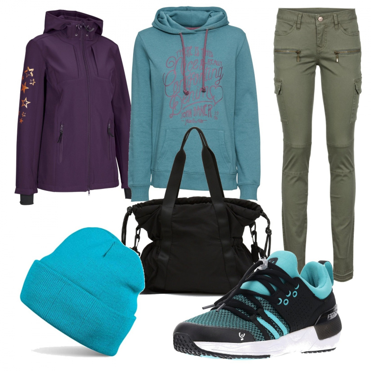 Outfit donna - Sportiva. Stile Sporty chic per Tutti i giorni. Abbinamento con pantaloni cargo, felpe con cappuccio, giacche sportive, borse sportive, scarpe sportive, berretti.
