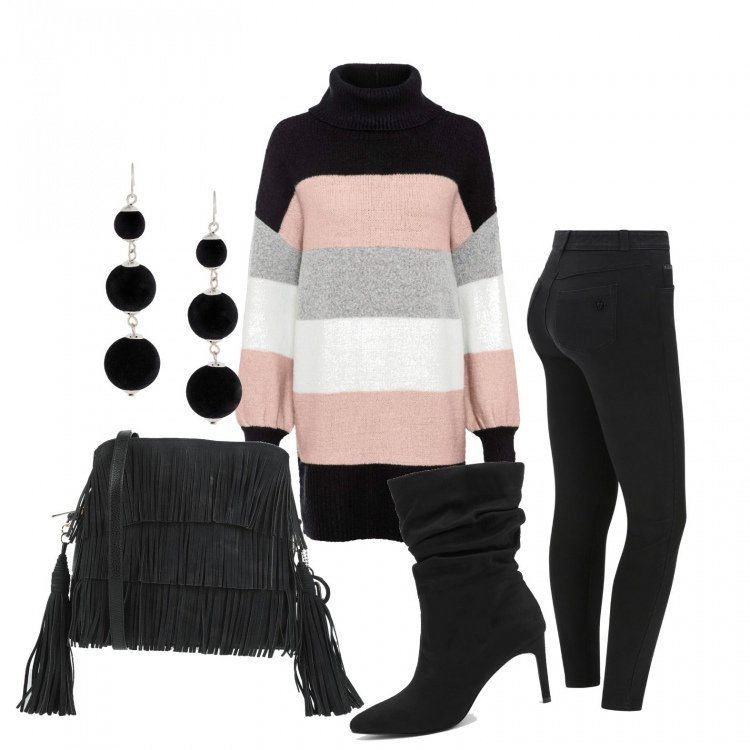 Outfit donna - Caldo e comodità. Stile Basic per Tutti i giorni. Abbinamento con maglieria, orecchini, borse a tracolla, stivali, jeans skinny.