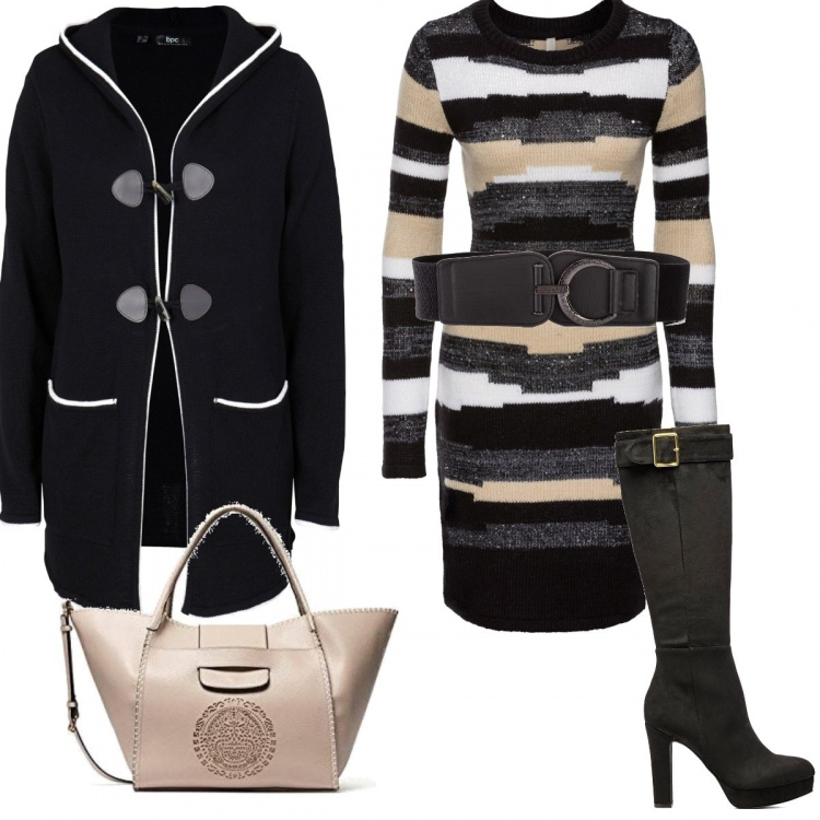 Outfit donna - Pittarosso black friday. Stile Basic per Ufficio. Abbinamento con cinture, vestiti, cardigans, stivali, borse a mano.