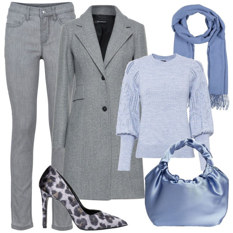 Outfit donna - Curvy fredda e chic anche low cost. Stile Glamour per Ufficio. Abbinamento con jeans skinny, maglieria, cappotti, borse a mano, décolleté, sciarpe.