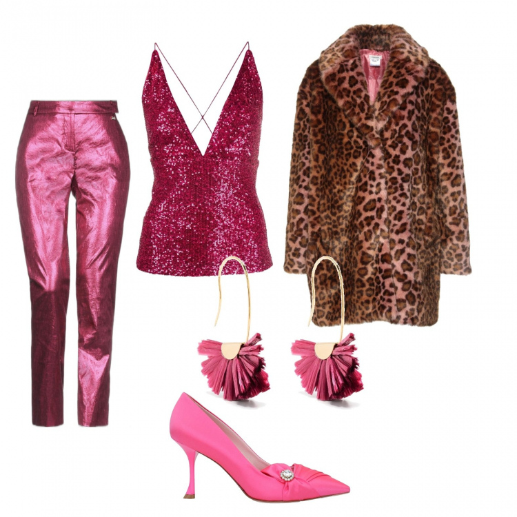 Outfit donna - Cena disco. Stile Glamour per Serata fuori. Abbinamento con décolleté, pantaloni, cappotti, top, orecchini, borse a spalla.