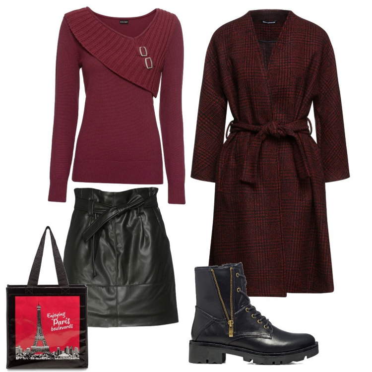 Outfit donna - Total look #1204603. Stile Urban per Tutti i giorni. Abbinamento con maglieria, cappotti, minigonne, anfibi, shopping bag.