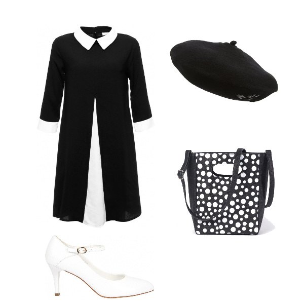 Outfit donna - Vestiti come a Parigi!. Stile Bon Ton per Tutti i giorni. Abbinamento con vestito, décolleté con cinturino in pelle sintetica, borsa a tracolla a pois con zip e tasca interna, berretto baseball nero.