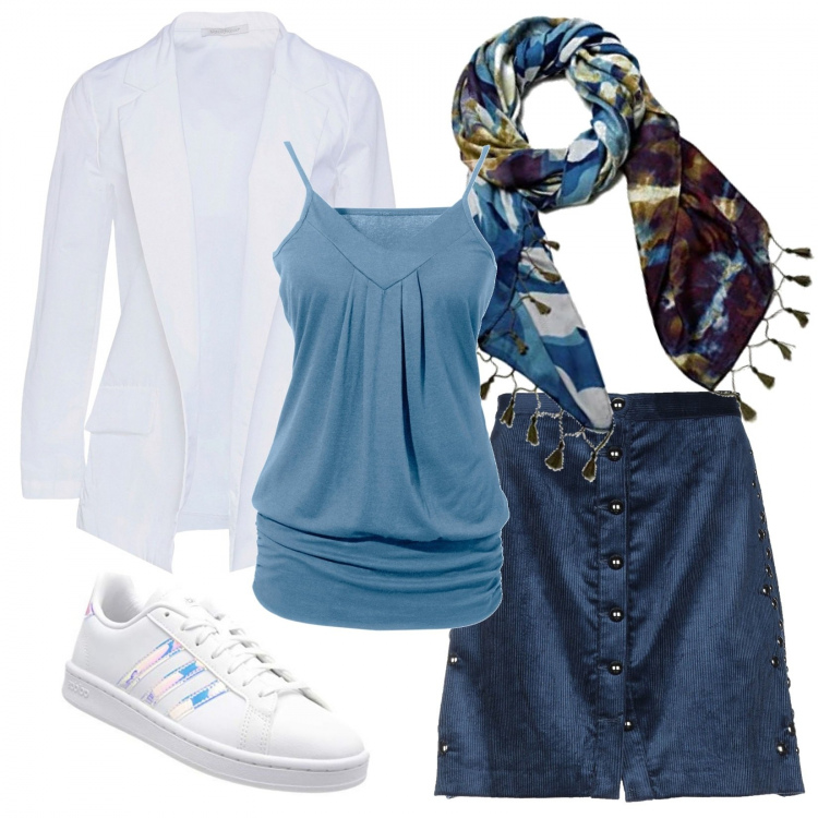 Outfit donna - Versione gonna denim sportiva. Stile Urban per Tutti i giorni. Abbinamento con top, blazer, minigonne, sciarpe, sneakers.