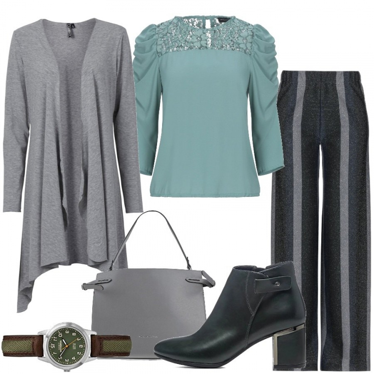 Outfit donna - Saldi di novembre. Stile Chic per Tutti i giorni. Abbinamento con pantaloni, bluse, borse a mano, cardigans, stivaletti, orologi.