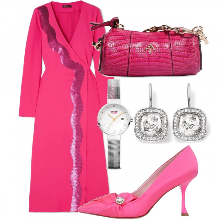 Outfit donna - Fucsia per cerimonia a primavera. Stile Chic per Cerimonia. Abbinamento con décolleté, vestiti corti, orecchini, borse a spalla, orologi.
