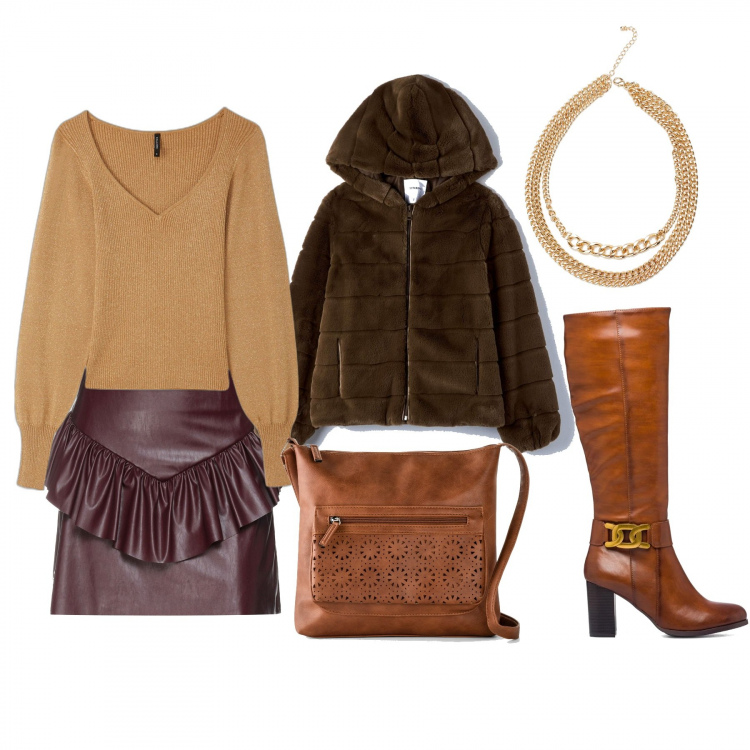 Outfit donna - Toni cioccolata. Stile Urban per Tutti i giorni. Abbinamento con borse a tracolla, minigonne, ecopellicce, pullovers, collane, stivali.