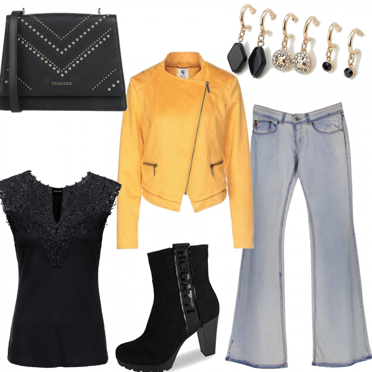 Outfit donna - Total look #1205691. Stile Casual per Tutti i giorni. Abbinamento con top, giacche, borse a tracolla, orecchini, jeans, stivali.