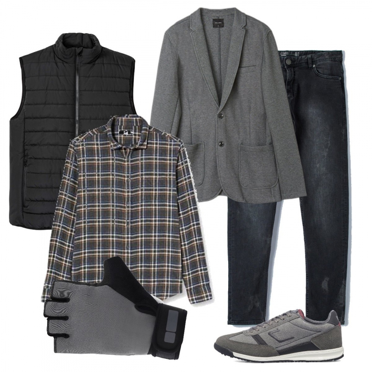Outfit uomo - In bici casual chic. Stile Casual per Tutti i giorni. Abbinamento con gilet, jeans skinny, giacche, guanti, sneakers, camicie.