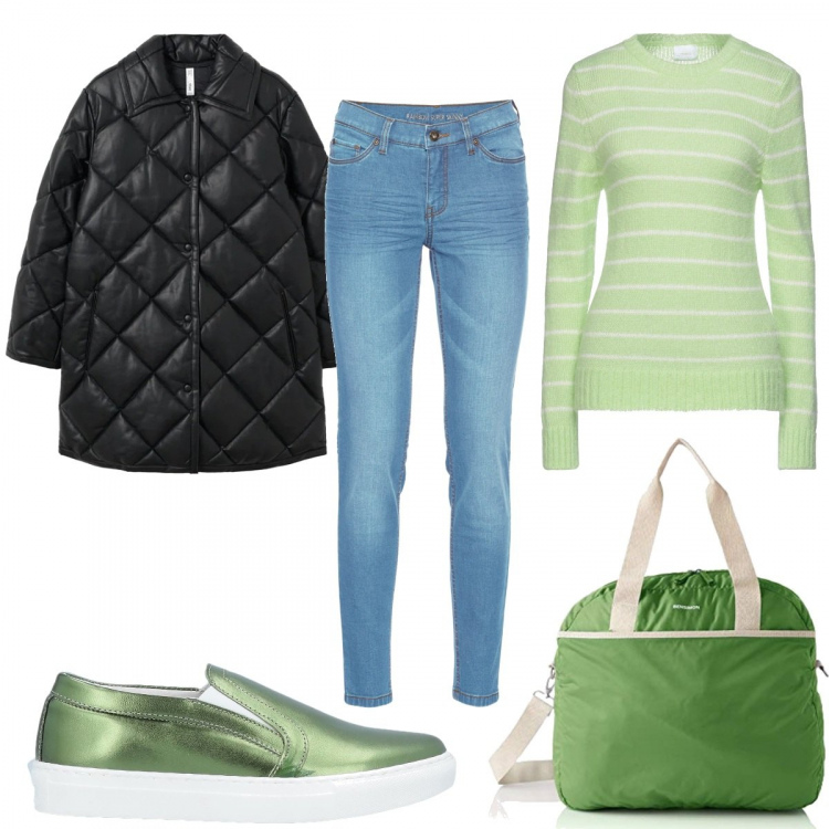 Outfit donna - Le sneakers verdi!. Stile Trendy per Tutti i giorni. Abbinamento con jeans skinny, sneakers, pullovers, giacche, borse a tracolla.