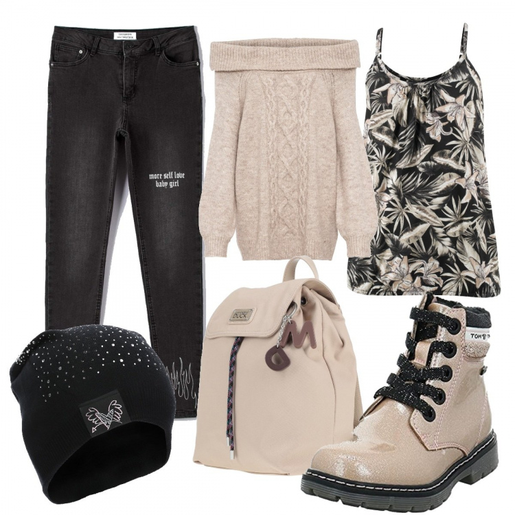 Outfit donna - A scuola. Stile Casual per Scuola/Università. Abbinamento con top, maglieria, zaini, jeans, berretti, stivali.