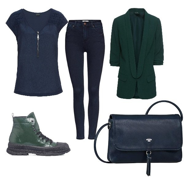 Outfit donna - Verde e blu curvystyle. Stile Urban per Tutti i giorni. Abbinamento con blazer, t-shirt, anfibi, borse a spalla, jeans skinny.