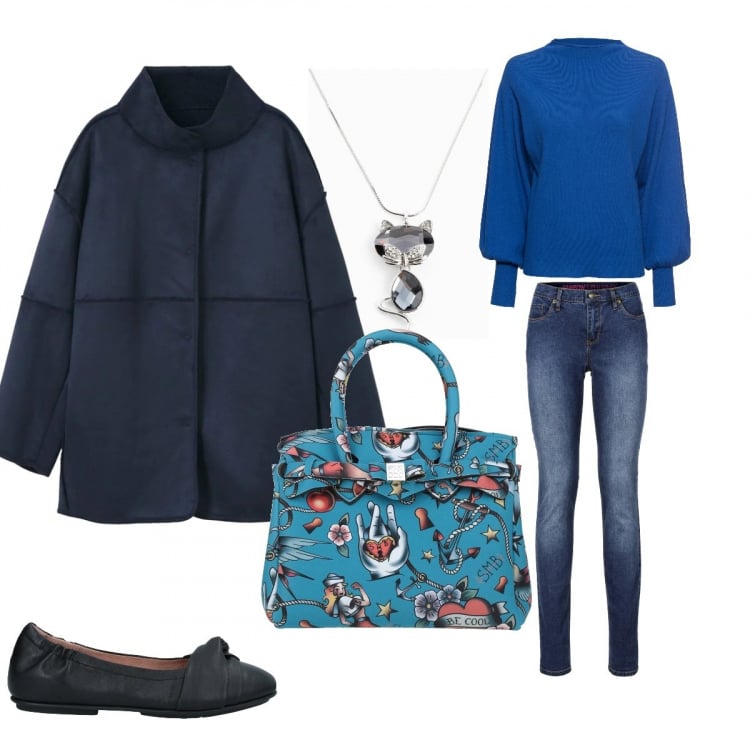 Outfit donna - La Borsa. Stile Casual chic per Ufficio. Abbinamento con maglieria, jeans skinny, collane, borse a mano, ballerine, cappotti.