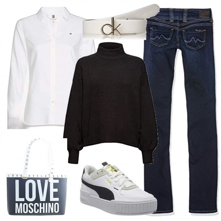 Outfit donna - Di corsa in centro. Stile Urban per Tutti i giorni. Abbinamento con jeans dritti, maglieria, camicie, cinture, sneakers, shopping bag.