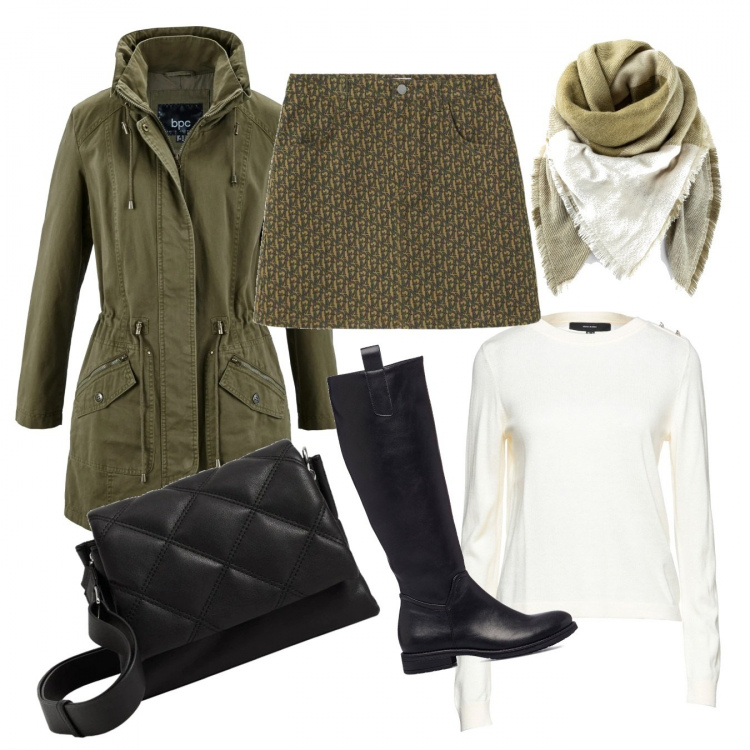 Outfit donna - Una mini per l\'autunno. Stile Casual per Tutti i giorni. Abbinamento con parka, foulard, pullovers, stivali, minigonne, borse a tracolla.