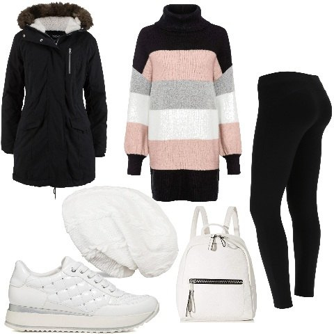 Outfit donna - Look pratico. Stile Basic per Tutti i giorni. Abbinamento con maglieria, parka, leggings, sneakers, berretti, zaini.