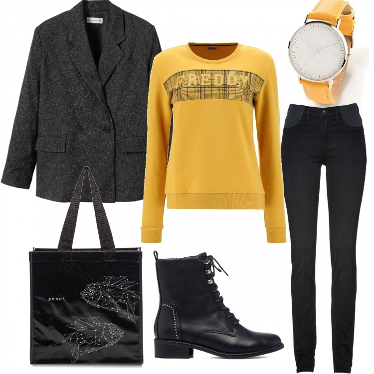Outfit donna - Sotto il segno dei Pesci. Stile Casual chic per Scuola/Università. Abbinamento con jeans skinny, orologi, felpe, shopping bag, anfibi, giacche.
