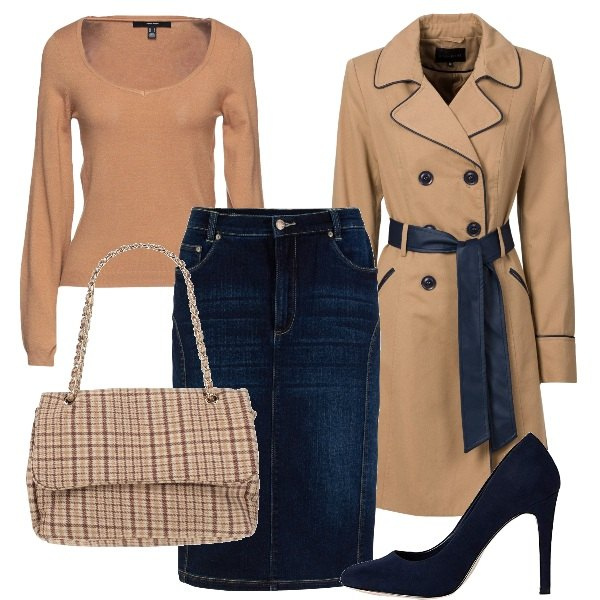 Outfit donna - La gonna in denim. Stile Chic per Ufficio. Abbinamento con trench, gonne, borse a mano, pullovers, scarpe col tacco.