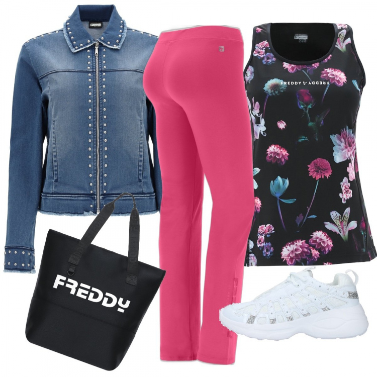 Outfit donna - Total Freddy. Stile Basic per Tutti i giorni. Abbinamento con sneakers, pantaloni, canottiere, giacche, shopping bag.
