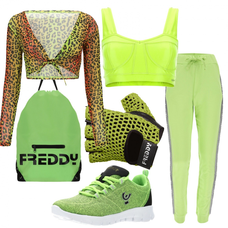 Outfit donna - Freddy lime. Stile Sporty chic per Sport. Abbinamento con pantaloni, sneakers, top, guanti, zaini, top.