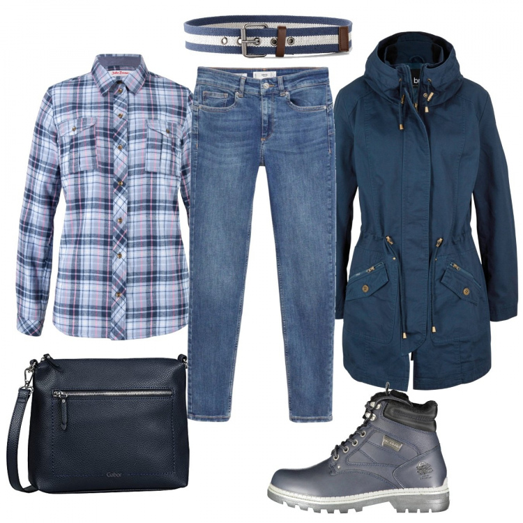 Outfit donna - Total look toni del blu. Stile Casual per Tutti i giorni. Abbinamento con parka, cinture, camicie, stivaletti, jeans skinny, borse a tracolla.