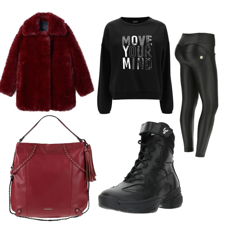 Outfit donna - Casual chic. Stile Casual chic per Serata fuori. Abbinamento con borse a mano, felpe, stivaletti, pantaloni skinny, parka.