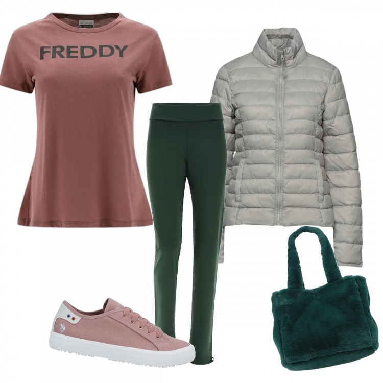 Outfit donna - In palestra con stile. Stile Basic per Sport. Abbinamento con borse a mano, piumini, sneakers, pantaloni, t-shirt.