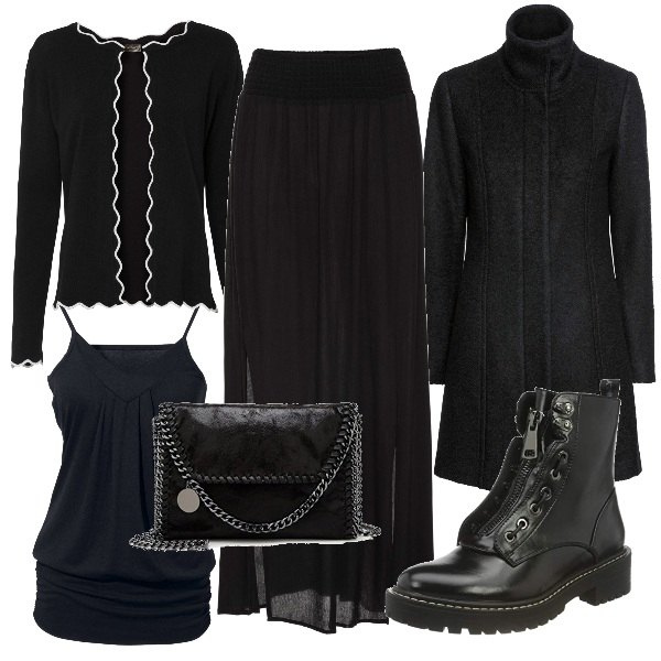 Outfit donna - Dark tutto il giorno. Stile Rock per Tutti i giorni. Abbinamento con gonne lunghe, top, felpa blu, cappotti, stivali sopra il ginocchio, borse a tracolla.