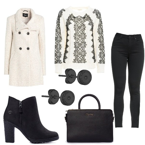 Outfit donna - Look Black Friday. Stile Casual per Tutti i giorni. Abbinamento con cappotti, maglieria, jeans skinny, stivaletti, borse a cartella, orecchini.