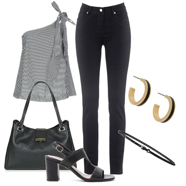 Outfit donna - 15-sexy. Stile Sexy per Serata fuori. Abbinamento con jeans slim fit, top con fiocco monospalla a righe scollatura profonda senza tasche elasticizzato, cintura con fibbia interno in pelle tinta unita, shopping bag nero, orecchini taglia unica nero, sandali.