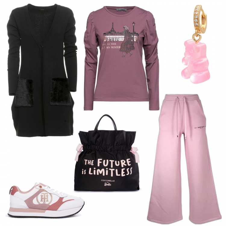 Outfit donna - Sporty chic #2345. Stile Sporty chic per Tutti i giorni. Abbinamento con t-shirt, orecchini, cardigans, sneakers, shopping bag, pantaloni.