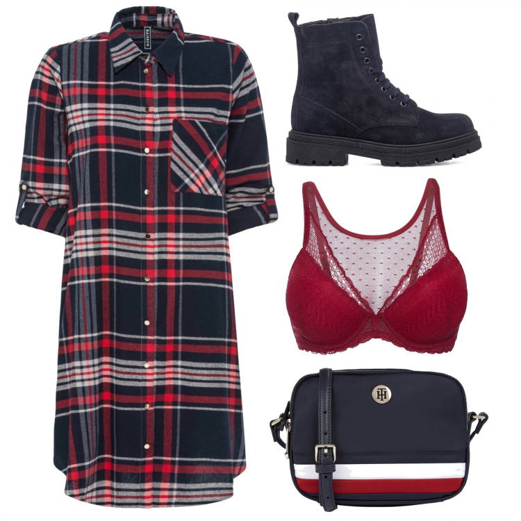 Outfit donna - Camiciona scozzese blu e rosso. Stile Casual per Tutti i giorni. Abbinamento con vestiti chemisier, reggiseni, borse a tracolla, anfibi.