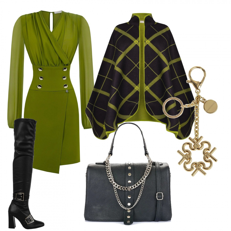 Outfit donna - Black Friday Rinascimento. Stile Glamour per Serata fuori. Abbinamento con vestiti, cappe, stivali, borse a spalla, portachiavi.