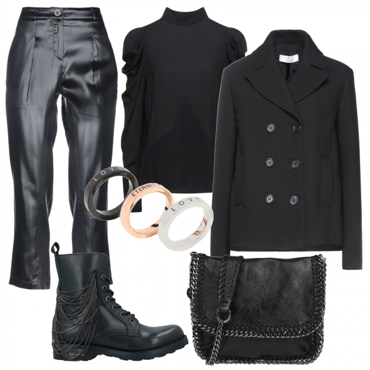 Outfit donna - Black Friday/ Yoox. Stile Rock per Serata fuori. Abbinamento con cappotti, bluse, pantaloni, borse a tracolla, stivaletti, anelli.