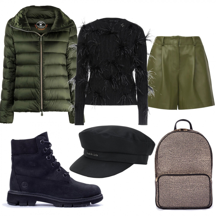 Outfit donna - Nero e verde oliva: stile urban. Stile Casual chic per Serata fuori. Abbinamento con pullovers, cappelli, zaini, stivaletti, piumini, shorts.