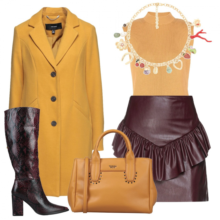 Outfit donna - Gonna similpelle. Stile Glamour per Ufficio. Abbinamento con cappotti, minigonne, collane, stivali, borse a mano, pullovers.