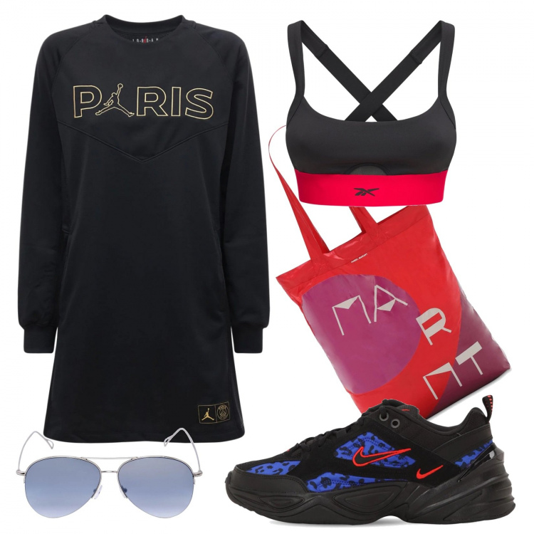 Outfit donna - Look comodo. Stile Basic per Mare. Abbinamento con vestiti, sneakers, bralette, shopping bag, occhiali da sole.