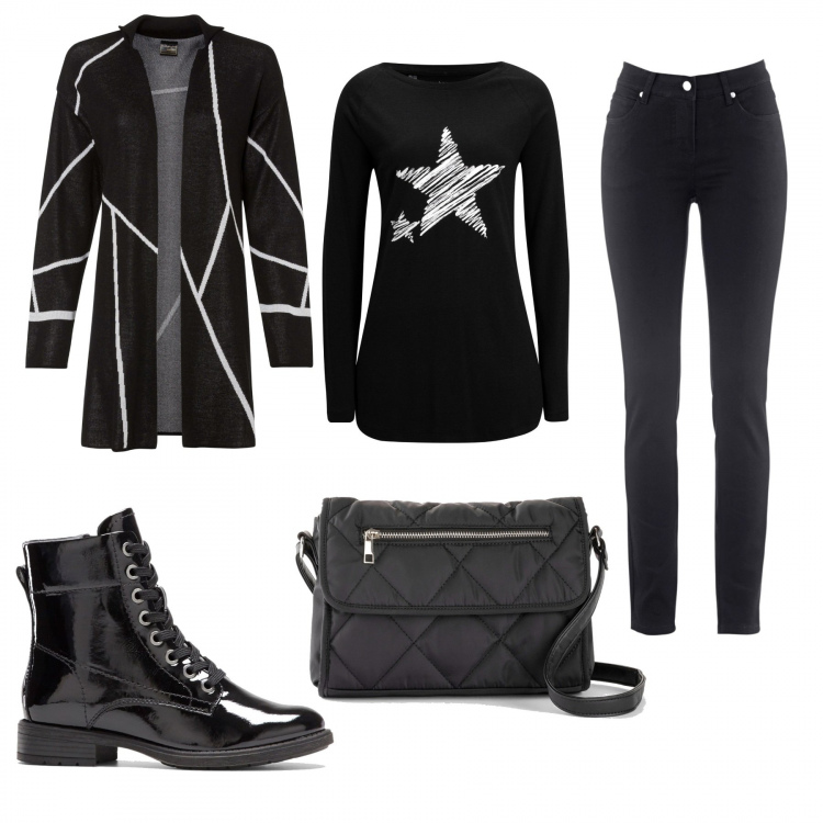 Outfit donna - Total black Bonprix. Stile Basic per Tutti i giorni. Abbinamento con maglieria, jeans slim fit, cardigans, stivaletti, borse a tracolla.